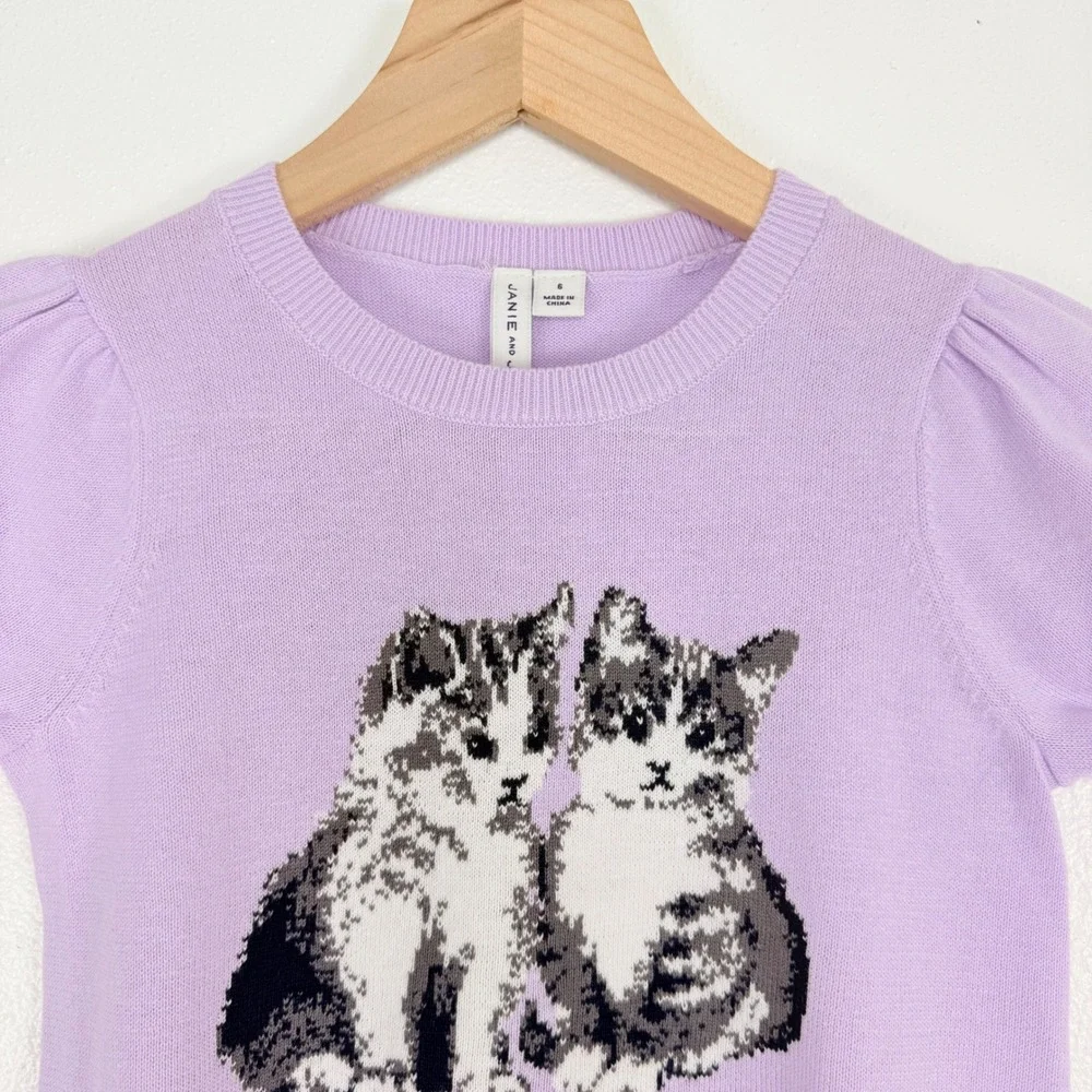 Janie and Jack Kitten‎ Peplum Sweater Top Girls Size 6 Purple Puff Sleeve Ruffle